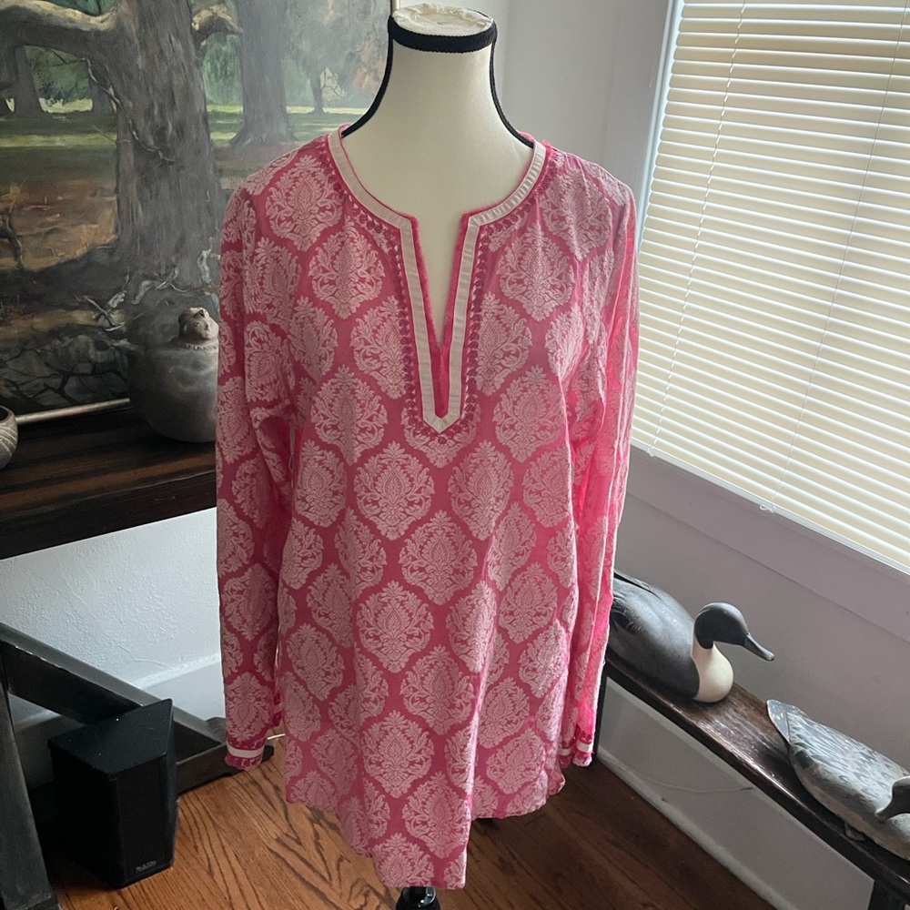 Women's Pink Printed V-Neck Tunic Long Sleeve Top